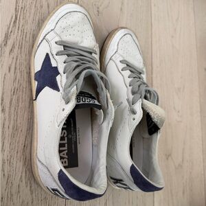 AUTHENTIC Golden Goose White Leather Sneakers with Navy Star Accent